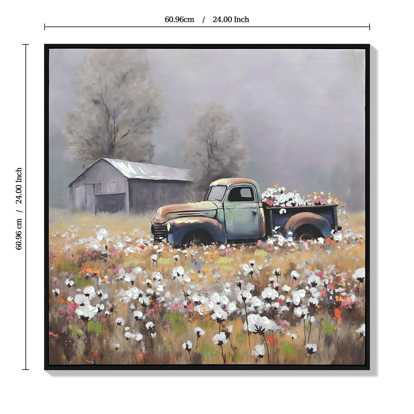 Farmhouse Old Truck Canvas Wall Art, Old Barn Pictures Wall Art, Country Antique Pickup Truck Canvas Prints, Blue Truck With Red Floral Flower Art Prints For Farmhouse Spring Decor 24 Hx24 W Inches
