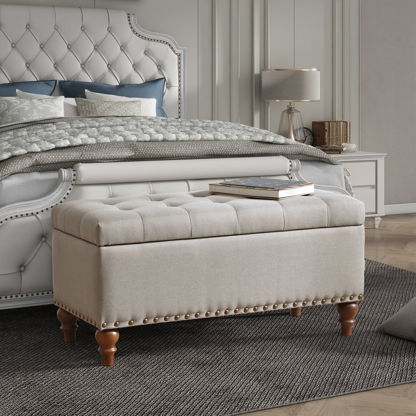 Ottoman Storage Bench, Recessed Support Hinge Top Easy To Open, Rivet Trim Around, Bedroom, Entrance, Living Room, Linen   Beige