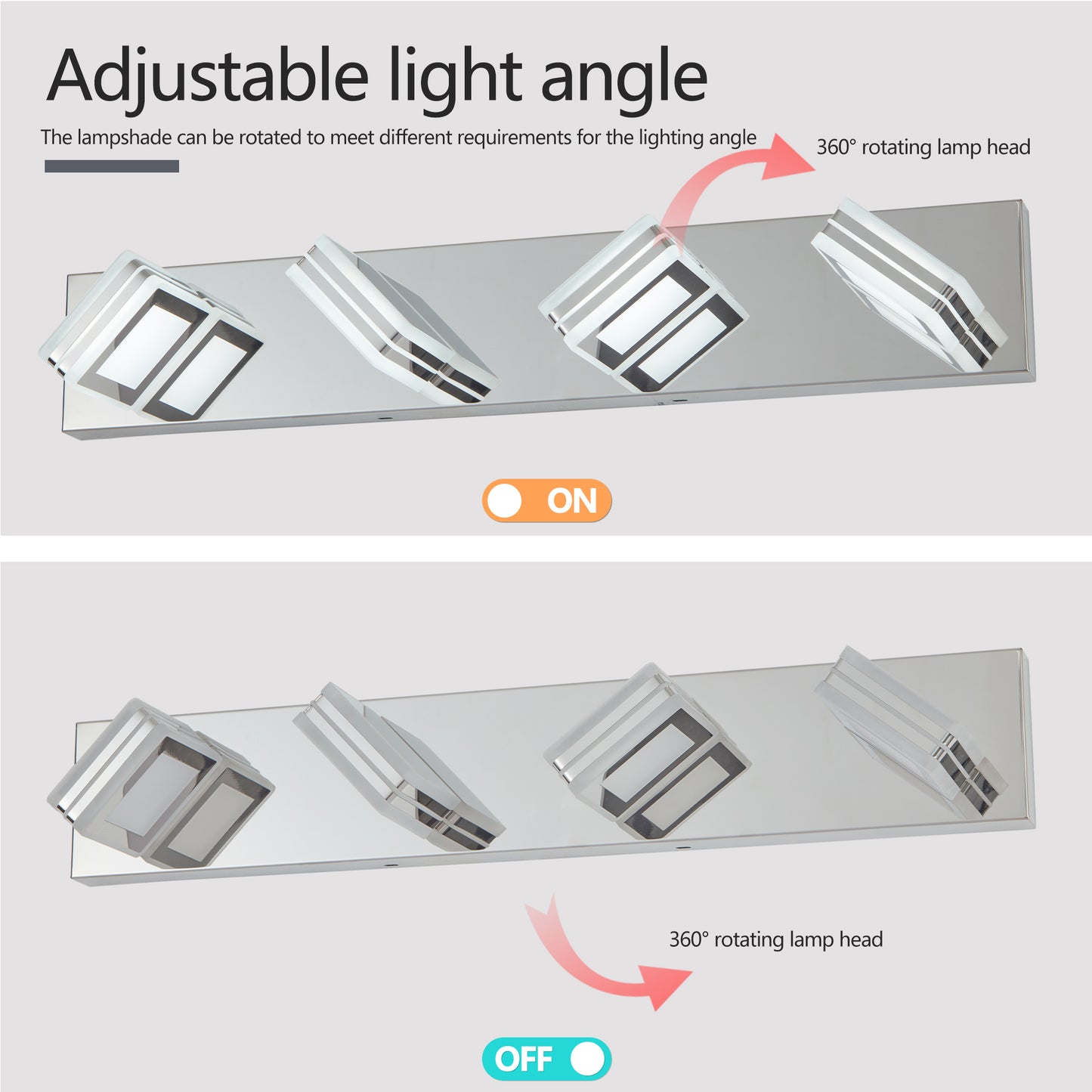 26  Modern Chrome 4-Light LED Vanity Light, Square Acrylic Lampshades Wall Mount Fixture For Bathroom, Mirror Lighting