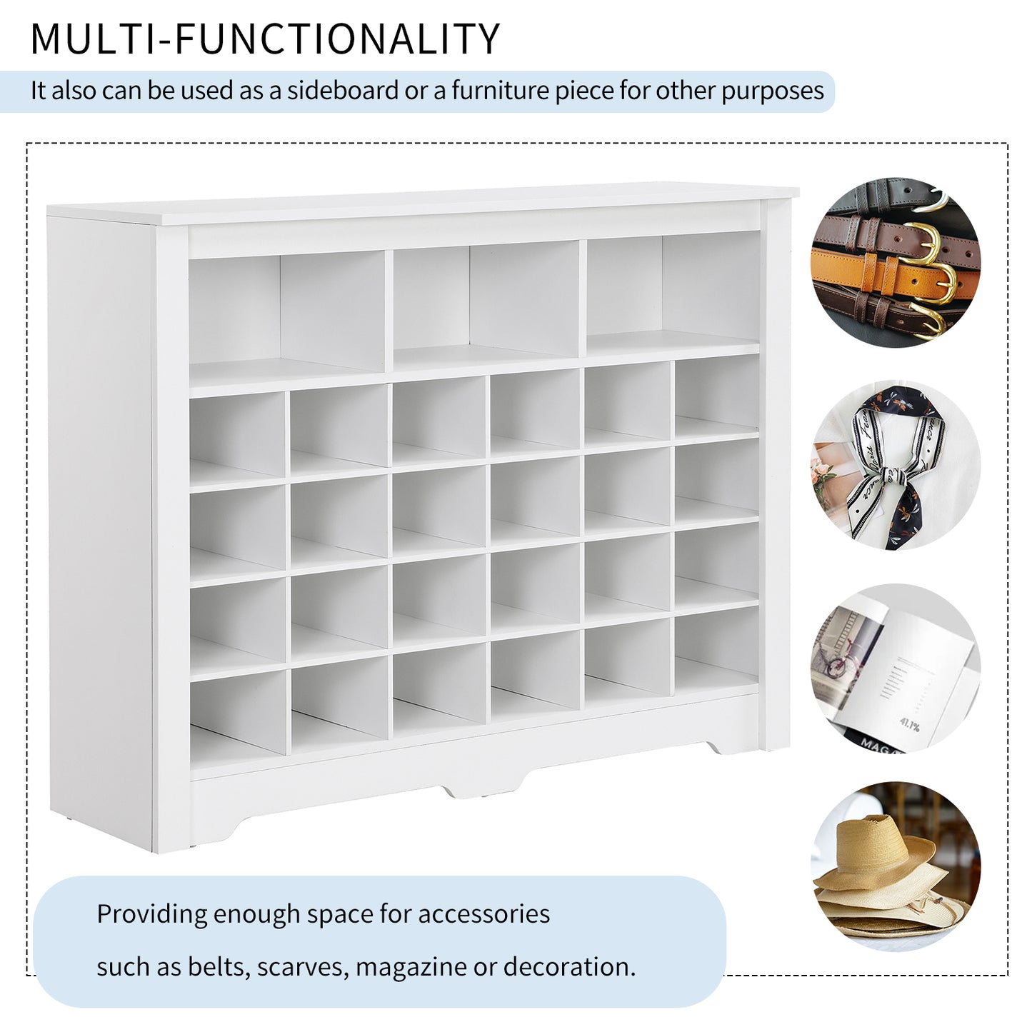 ON-TREND Sleek Design 24 Shoe Cubby Console, Modern Shoe Cabinet With Curved Base, Versatile Sideboard With High-quality For Hallway, Bedroom, Living Room, White