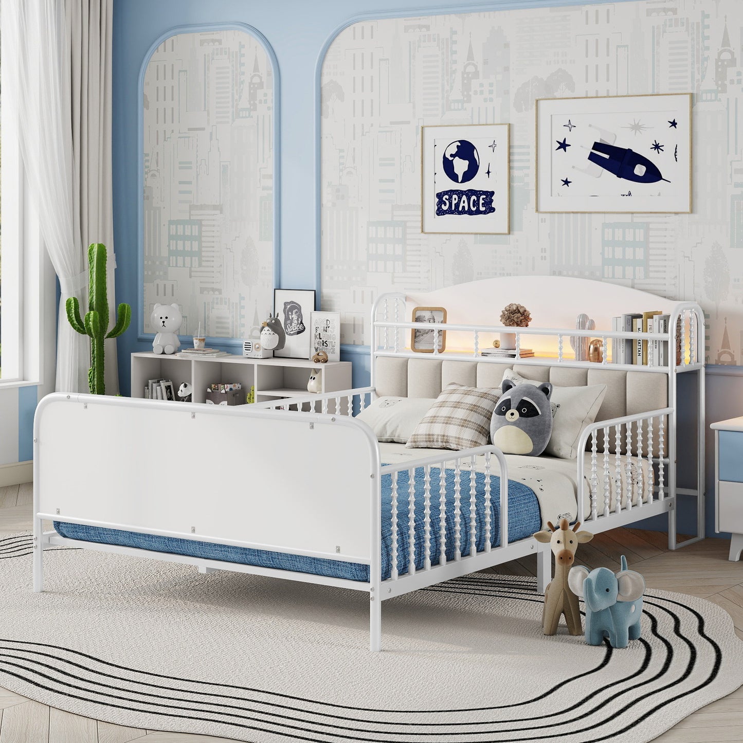 Full Size Metal Platform Bed Frame With Light, Kids Full Metal Bed With Upholstered And Storage Headboard, White Expect Arrival Date 2025 10 5