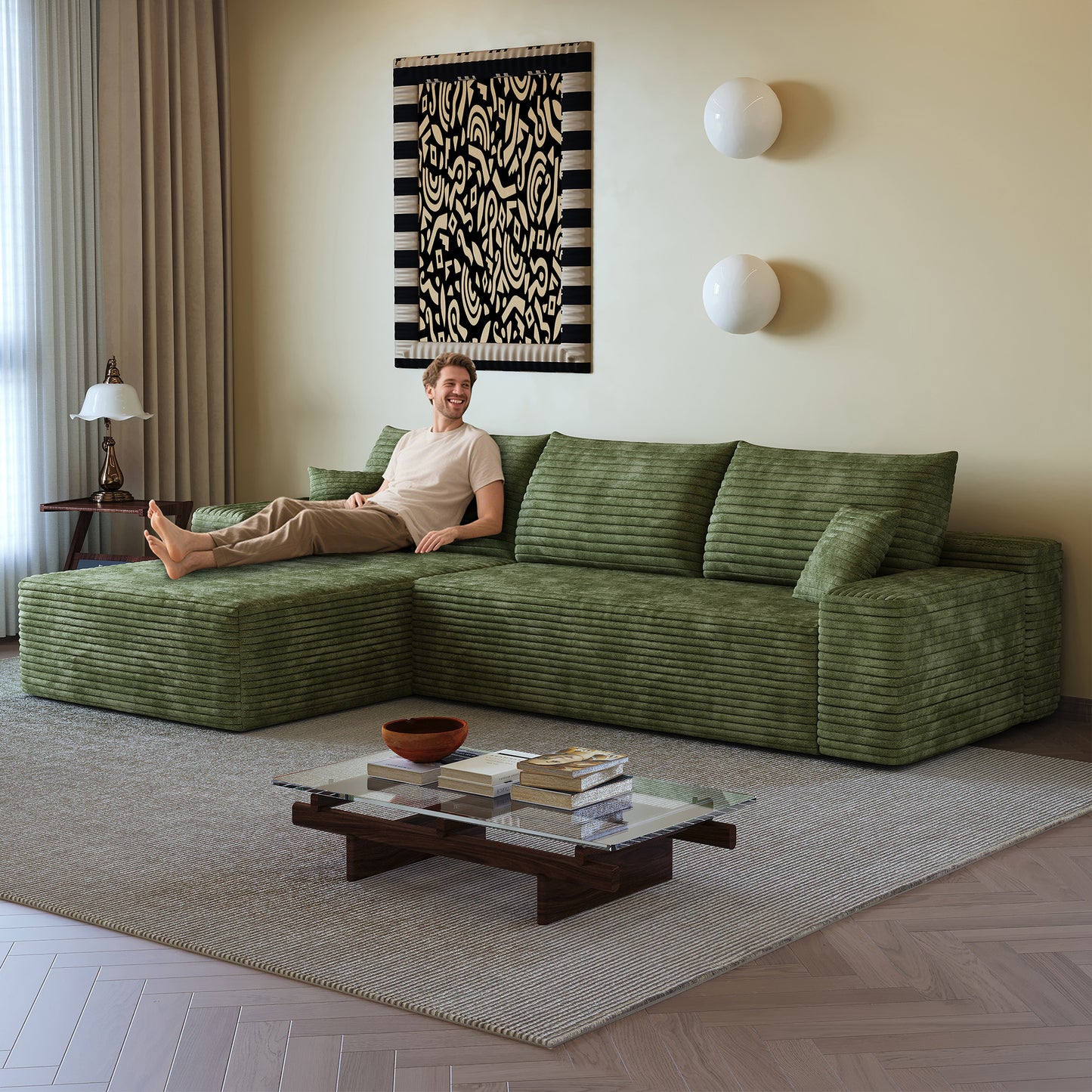 107  Cloud Sectional Couch With L-Shape Chaise,Modern Modular Sofa With Deep Seat, Upholstered Couches For Living Room Bedroom,No Assembly Required,  Plush Corduroy Fabric ,Green