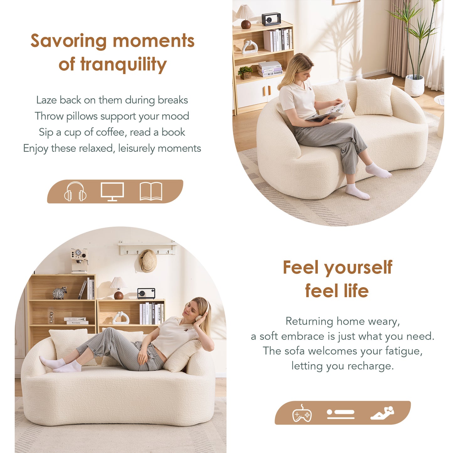 LY-049S Curved Modern Boneless Sofa Loveseat  Backrest Upgrade  2-Seater Off-White Chenille Compression Couch With 3 Pillows  Minimalist Modular Couches For Living Room  Office  Apartment  Guest Room