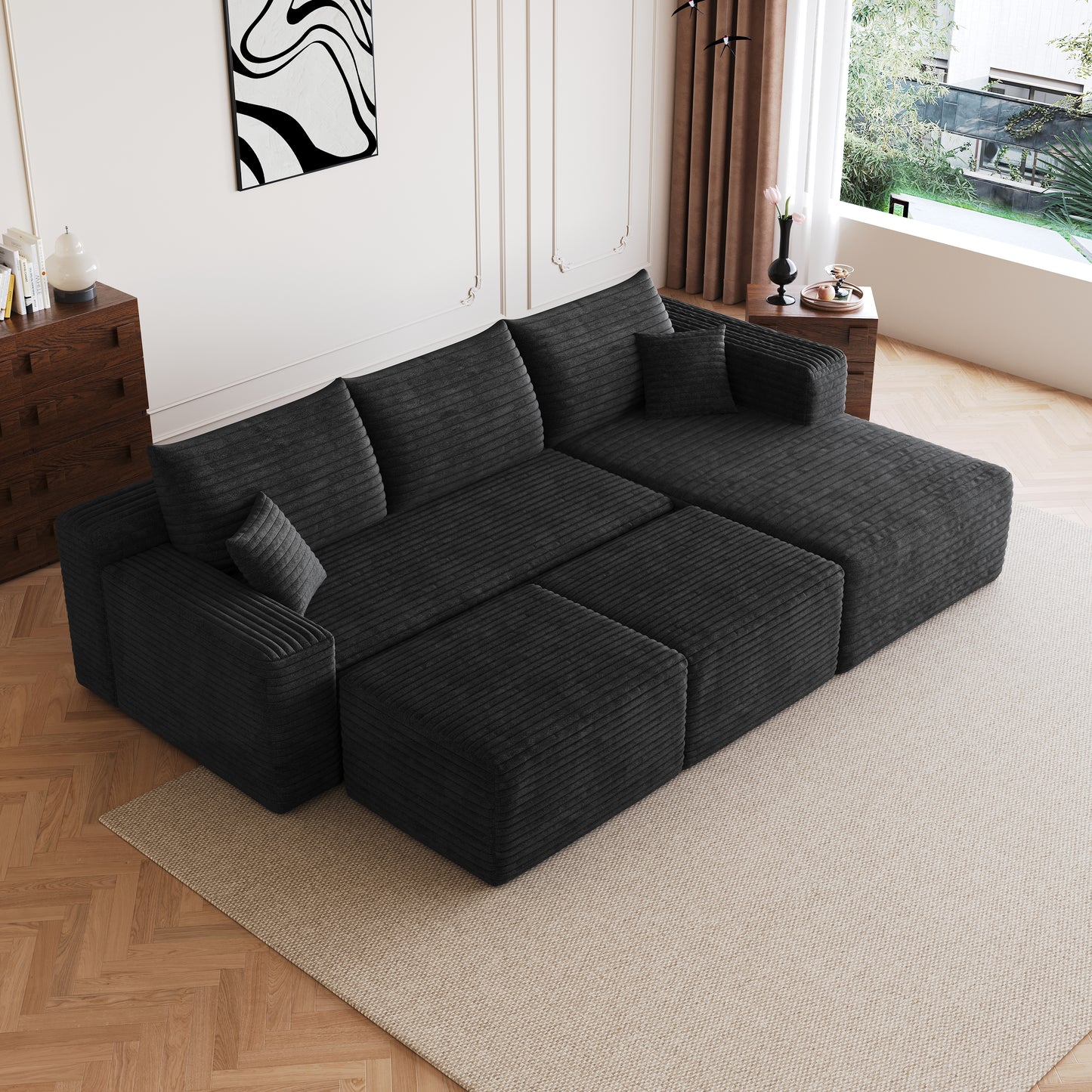 95  Cloud Sectional Sofa With 2 Ottoman,Modern Minimalist Upholstered Couches, Comfort U Shaped Sofa For Living Room,Deep Seat Corner Couch,No Assembly Required,Black  Plush Corduroy Fabric
