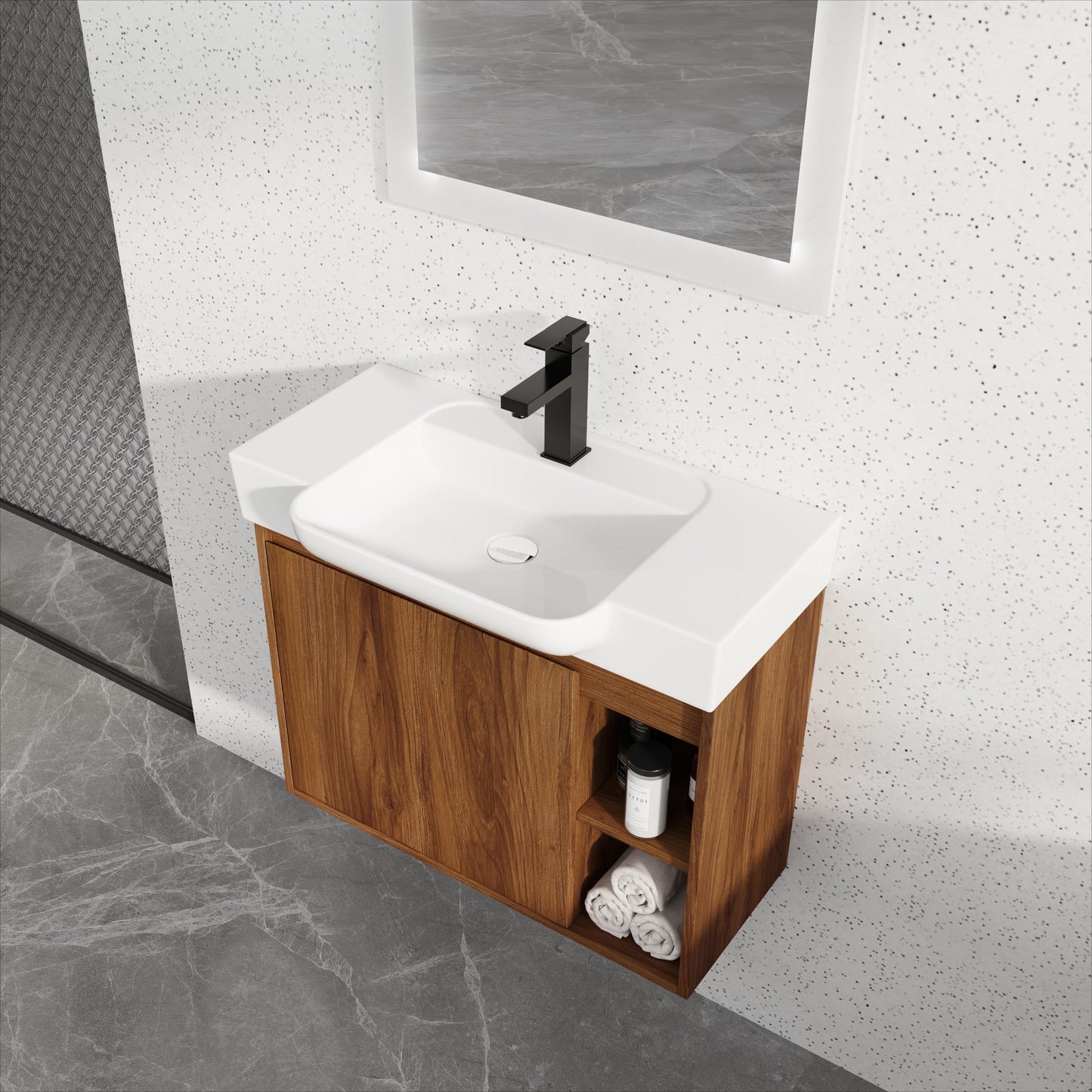 28   Wall-Mounted Bathroom Vanity With White Ceramic Sink & Soft-Close Door, KD-Packing
