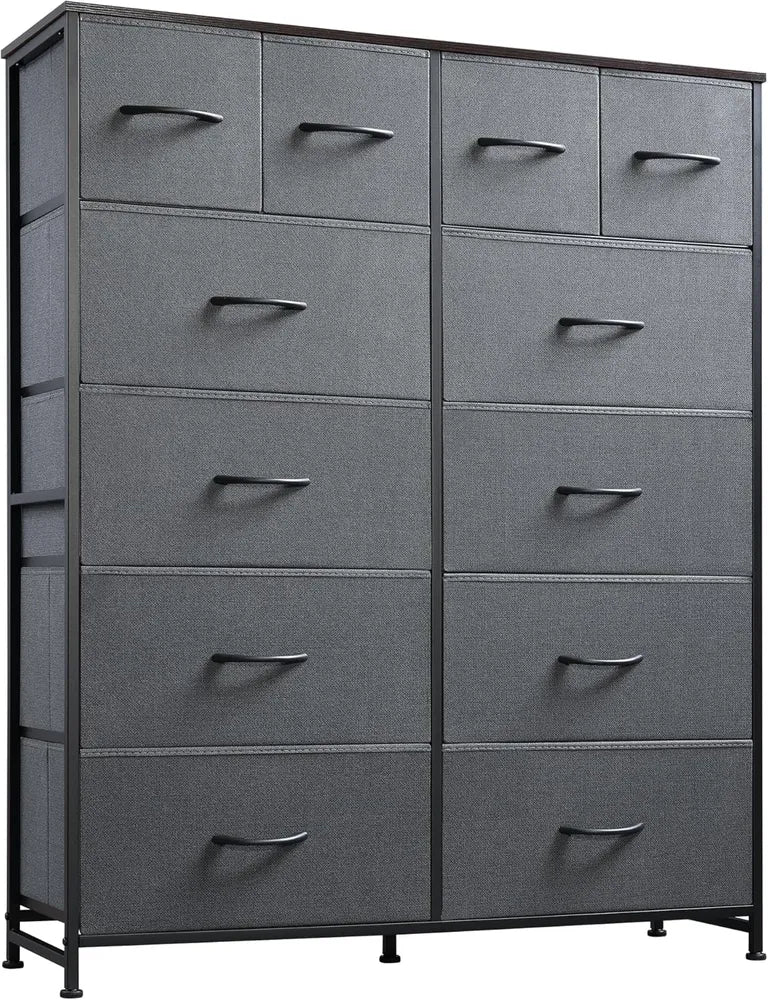 Tall Dresser For Bedroom With 12 Drawers, Dressers & Chests Of Drawers, Fabric Dresser For Closet, Living Room, Storage Dressers With Storage Drawers, Steel Frame, Wood Top