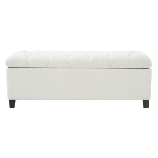 Ottoman Bench With Storage, White Boucle Surface, Rubber Wood Legs, 300 Lbs Capacity