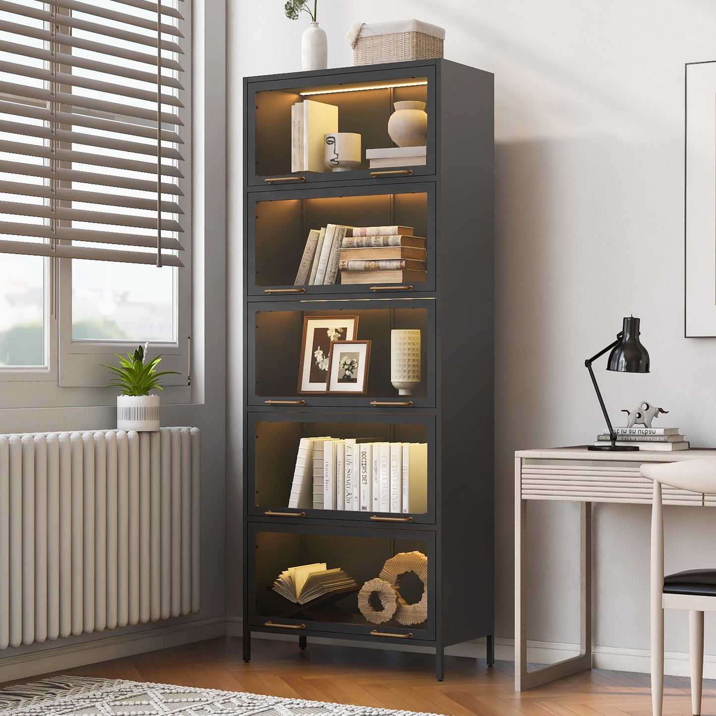 76.75  Tall Iron Display Cabinet With Glass Doors, 5-Tier Steel Barister Bookcase With LED Lights For Collectibles, Modern Style Curio Cabinet For Home Living Room Office Study & Playroom - Black