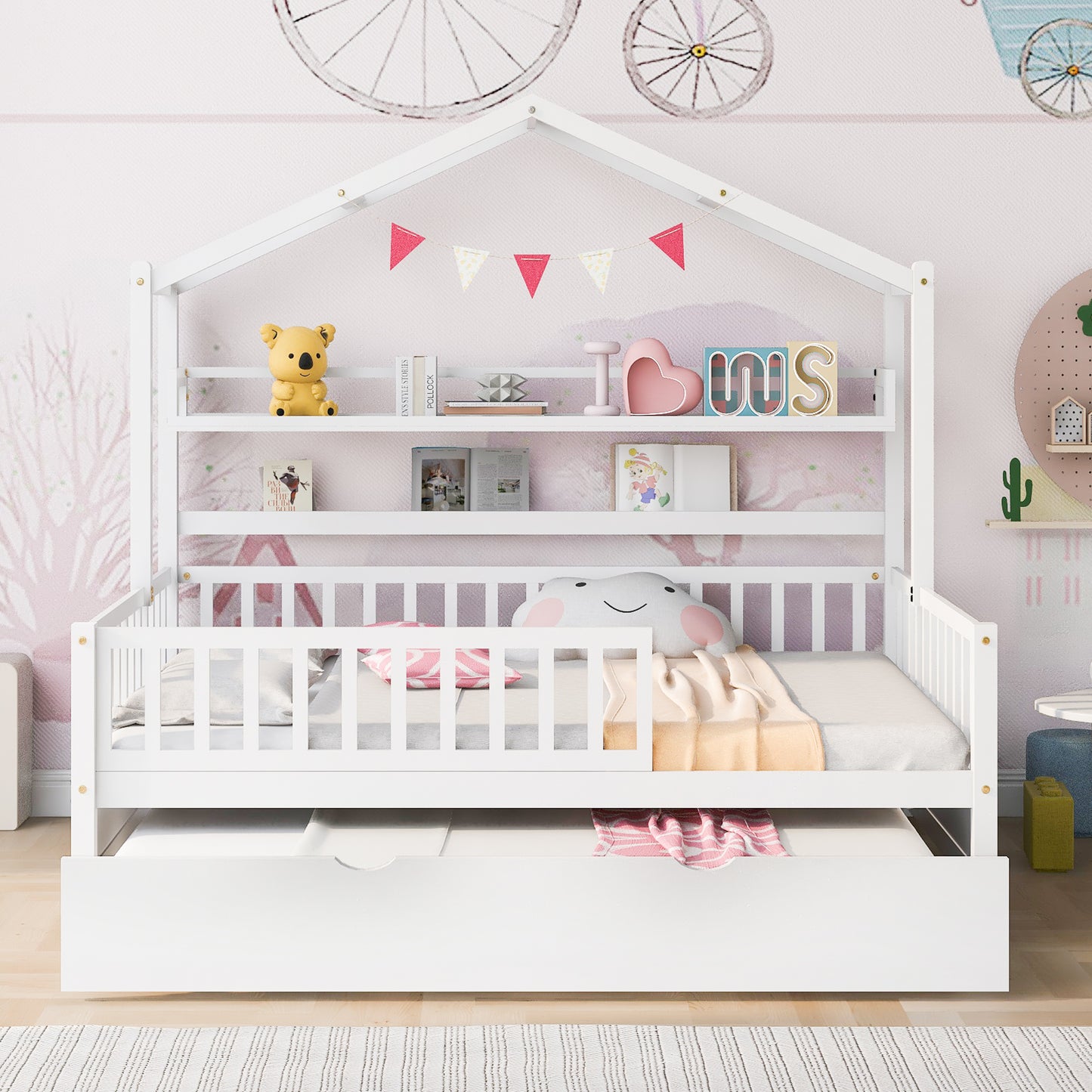 Wooden Full Size House Bed With Twin Size Trundle,Kids Bed With Shelf, White Old