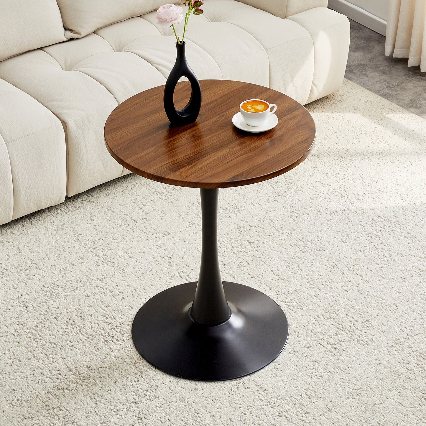 Round Dining Table, 23.6in Circle Tulip Table With Thickened Tabletop & Metal Pedestal, Mid Century Modern Bistro Table For Kitchen, Small Places, Living Room, Cafe  Faux Walnut