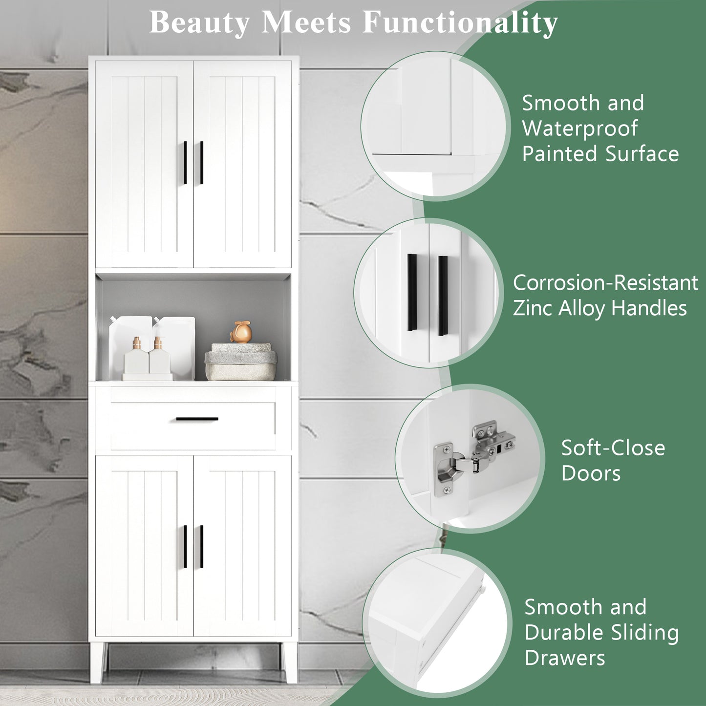 70.9  High Freestanding Tall Bathroom Cabinet With A Drawer, 2 Cabinets, 4 Soft-Close Doors, 2 Adjustable Shelves, Open Storage, For Bathroom, Living Room, Laundry Room