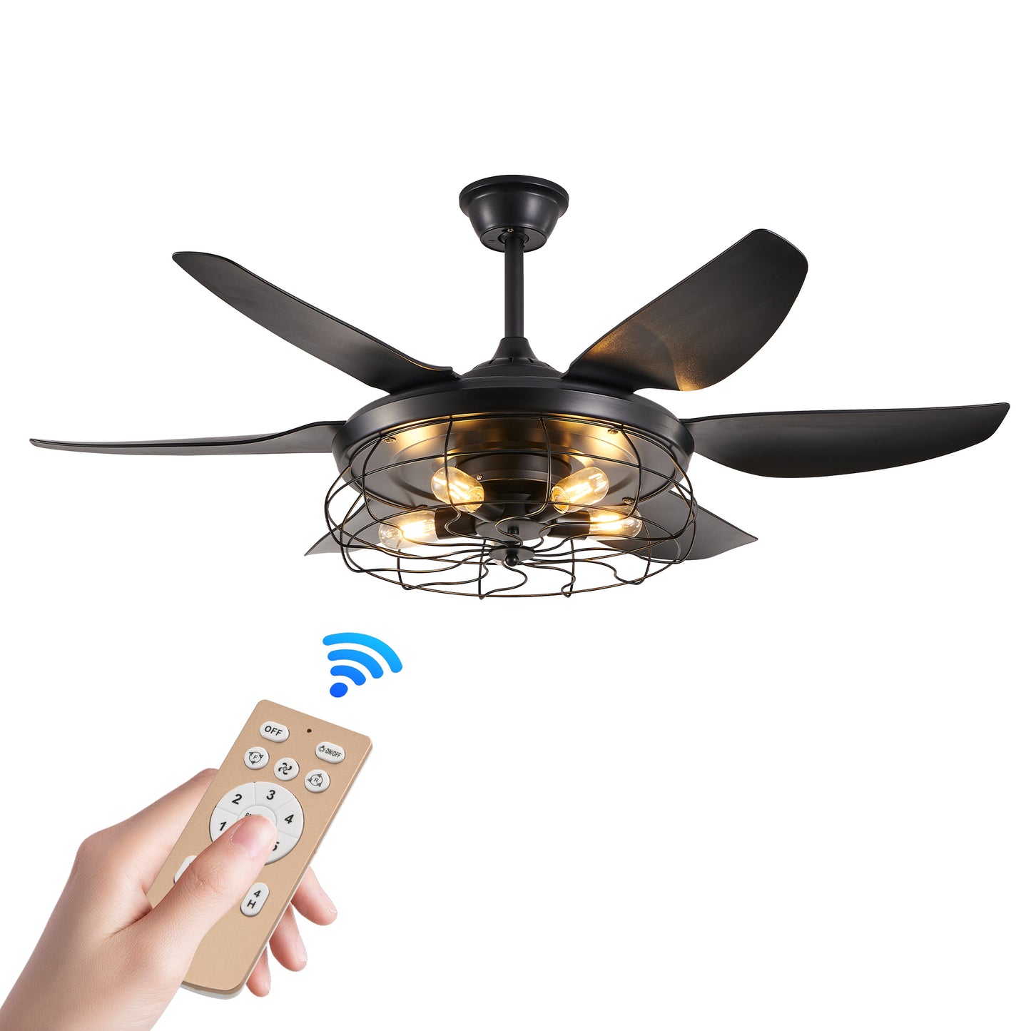 52 Modern Black Ceiling Fan With Light, 6 Fan Blades And Industrial Cage Design, Adjustable Speed For Living Room, Bedroom, Dining Room  Silent 6-Speed Reversible DC Motor  Bulb Not Included