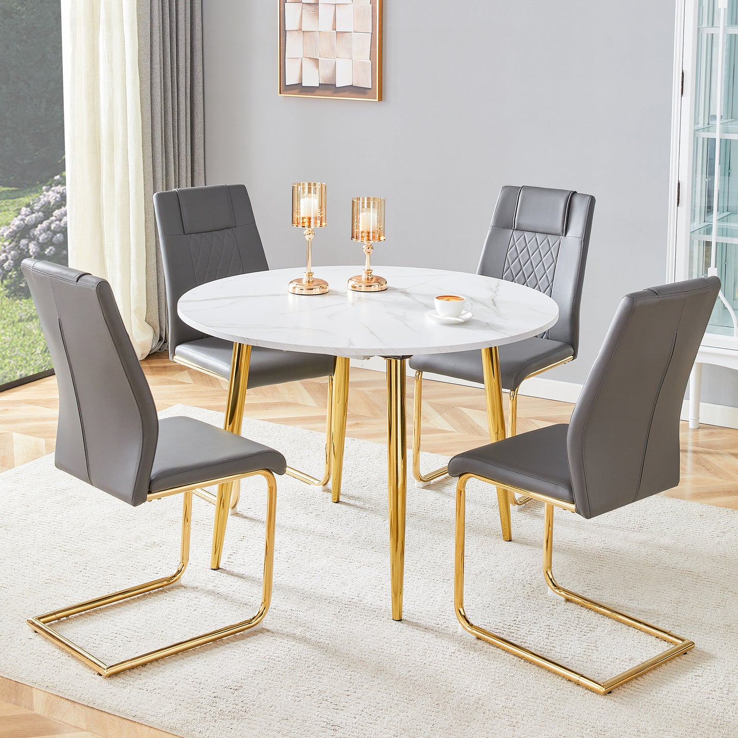 Table And Chair Set.Extendable MDF Dining Table.The Pull-out Table Is Ideal For A Wide Range Of Families,suitable For Gatherings Of Different Size.Paired With 4 Dark Gray Chairs With Gold Metal Legs.