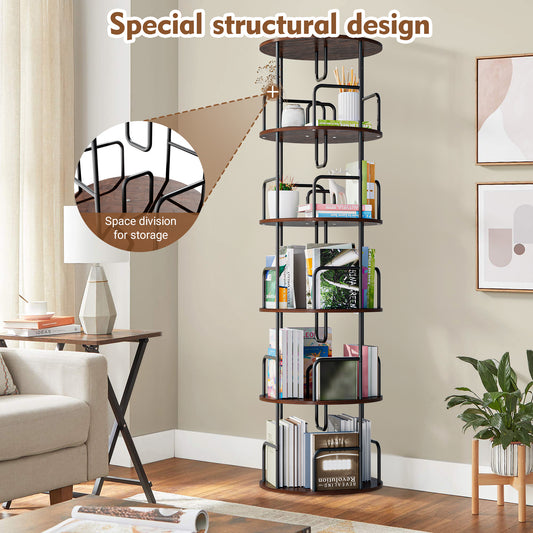 Rotating Bookshelf Tower 5 Tier  Spinning Bookcase  Revolving 360 Book Shelf Narrow Tall Bookcase  Vertical Turning Round Storage Bookshelf  Book Shelf Organizer For Bedroom  Living Room  Brown