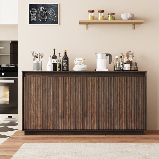 4 Door Walnut Wood Sideboard Buffet Cabinet With Power Outlet, Wavy Vertical Texture Accent Cabinet With No-Handle Design  Door Top Edge As Handle , Freestanding Kitchen Storage Cabinet For Dining Roo