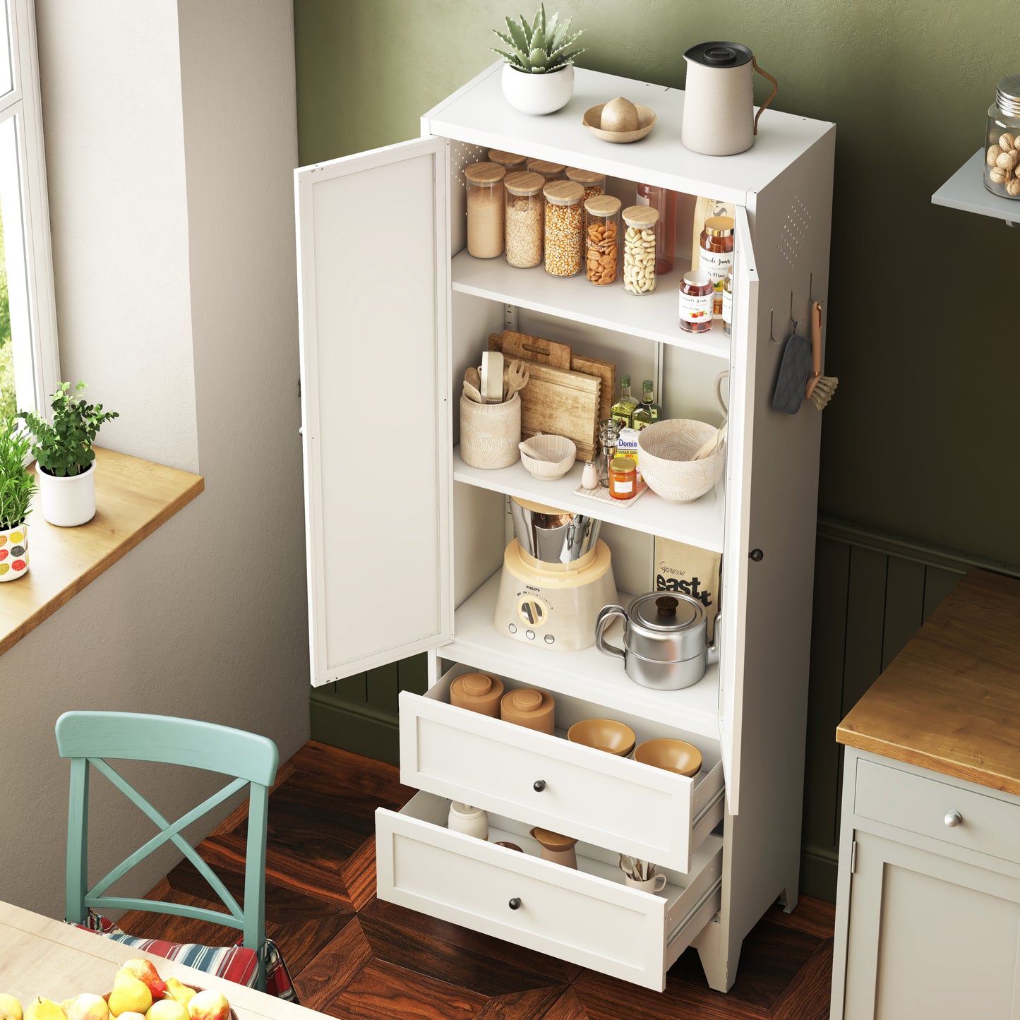 72 Inch White Pantry Cabinet With 2 Drawers, Freestanding Kitchen Storage Cabinet With Adjustable Shelves, Heavy-Duty Organizer For Spices, Dishware, Small Appliances In Kitchen, Pantry, Dining Room