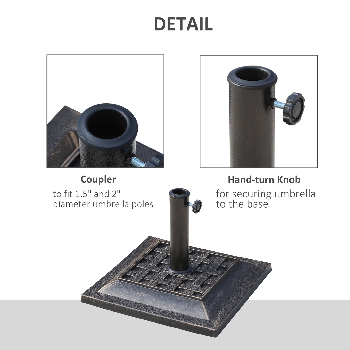 20 Lbs Patio Market Umbrella Base Stand Resin Parasol Holder Square With Beautiful Decorative Pattern & Easy Setup, For Φ1.5", Φ1.89" Pole, For Beach, Lawn, Deck, Backyard, Garden, Bronze