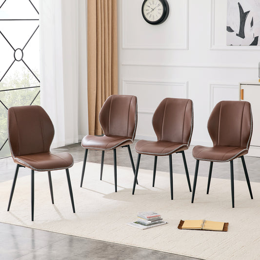 4-Pack Brown Coffee Color Light Luxury Household PU Leather Dining Chairs. Multiple Colors Available, With Black Metal Legs And Adjustable Feet, Suitable For Dining Room, Study & Office ,etc.