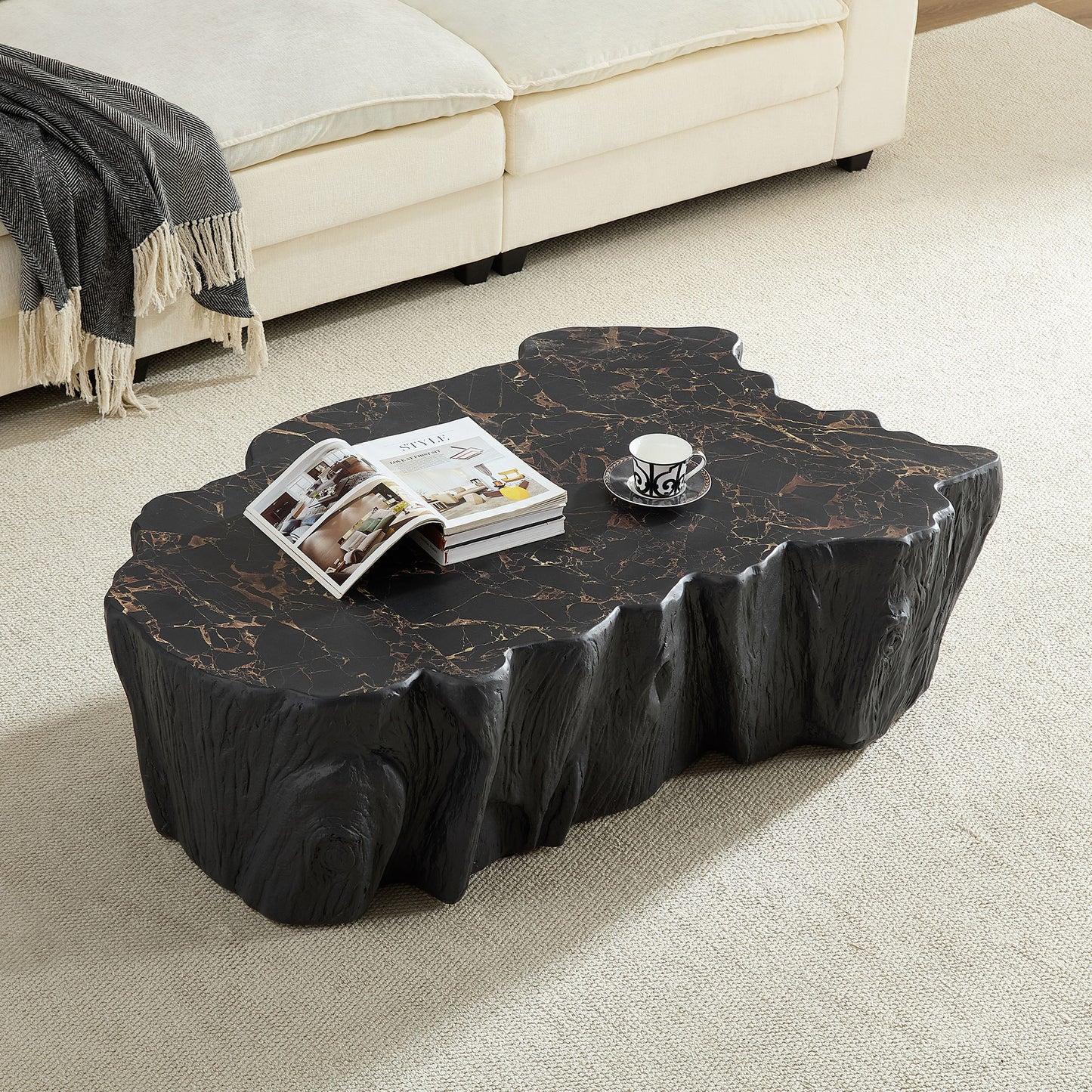 48.62 Inch Unique Shape Coffee Table Sturdy Fiberglass Tea Table For Living Room No Need Assembly  Black