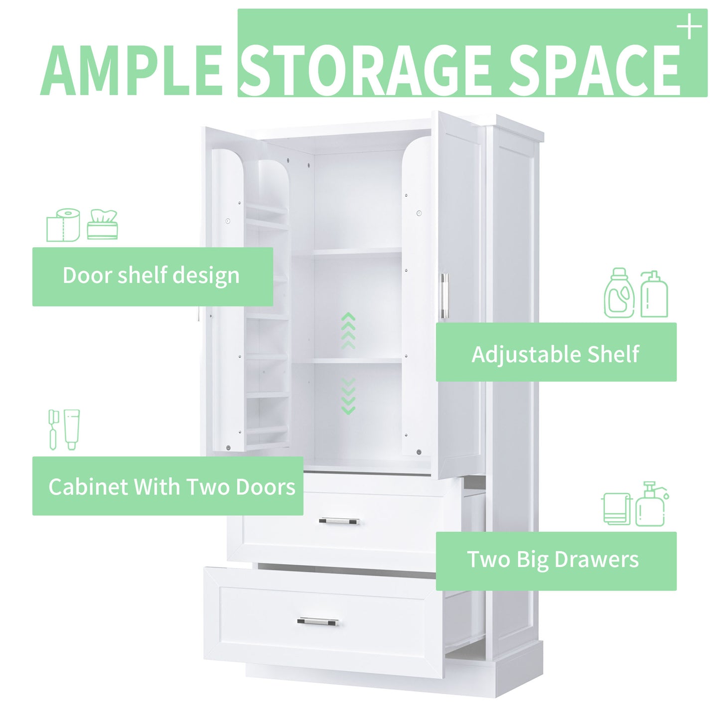 Tall Bathroom Storage Cabinet, Cabinet With Two Doors And Drawers, Adjustable Shelf, MDF Board, White, Two Packages Old SKU N725P178675K