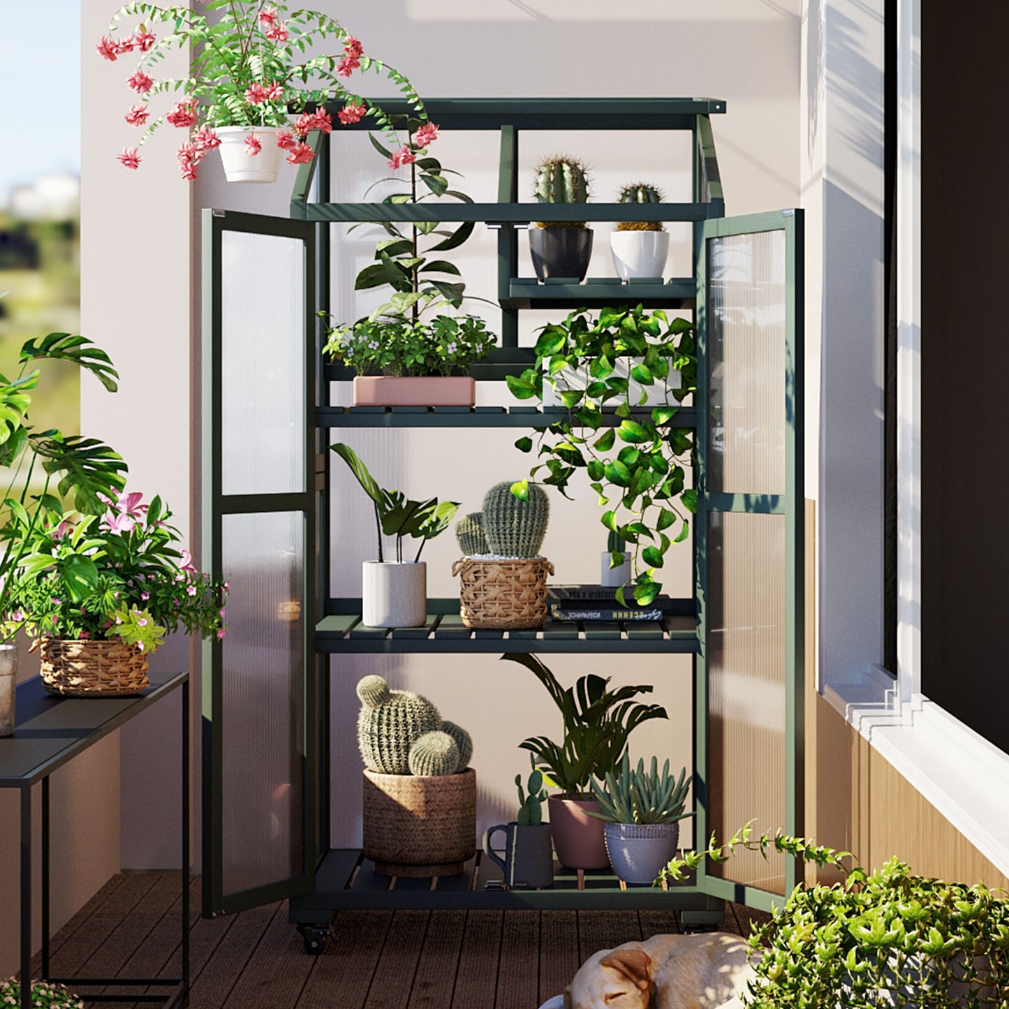 TOPMAx 62inch Height Wood Large Greenhouse Balcony Portable Cold Frame With Wheels And Adjustable Shelves For Outdoor Indoor Use  Forest Green