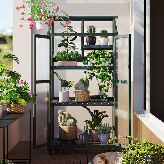 TOPMAx 62inch Height Wood Large Greenhouse Balcony Portable Cold Frame With Wheels And Adjustable Shelves For Outdoor Indoor Use  Forest Green