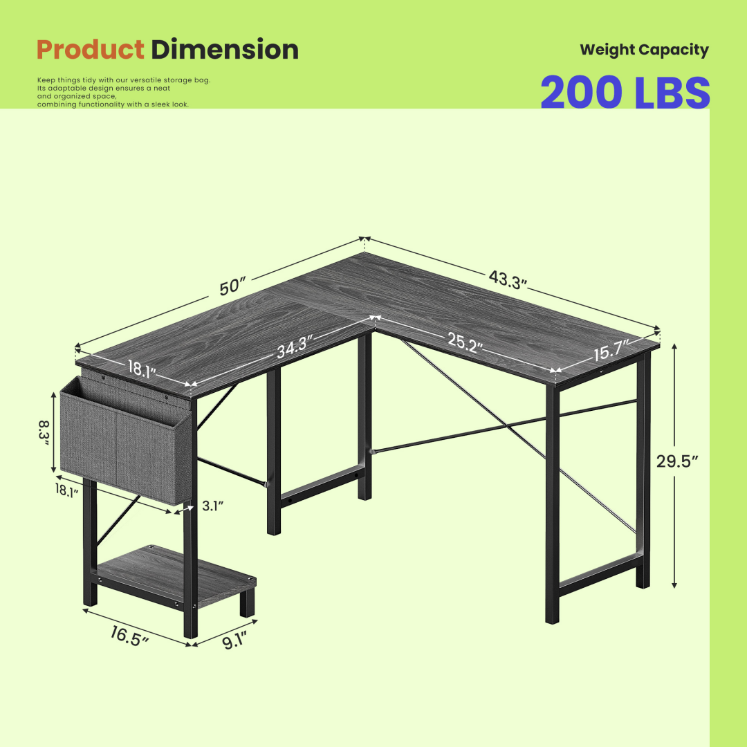 49-Inch L Shaped Desk - Computer Desk Corner Desks Gaming Desk PC Table, With CPU Stand Side Bag For Home Office Dorm Sturdy Writing Workstation
