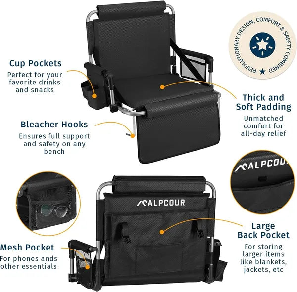 Alpcour Stadium Seat - Foldable, Padded Bleacher Chair With Backrest, Armrest, Pockets, & Cup Holder