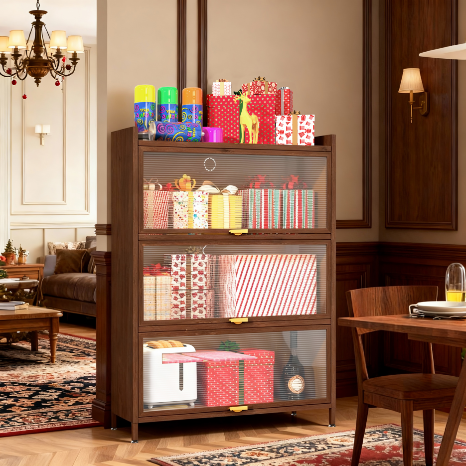 44'' Tall Metal 3 Flip Doors Cabinet, With Ample Storage Space For Bedroom, Office, Living Room, Hallway, Entryway Walnut