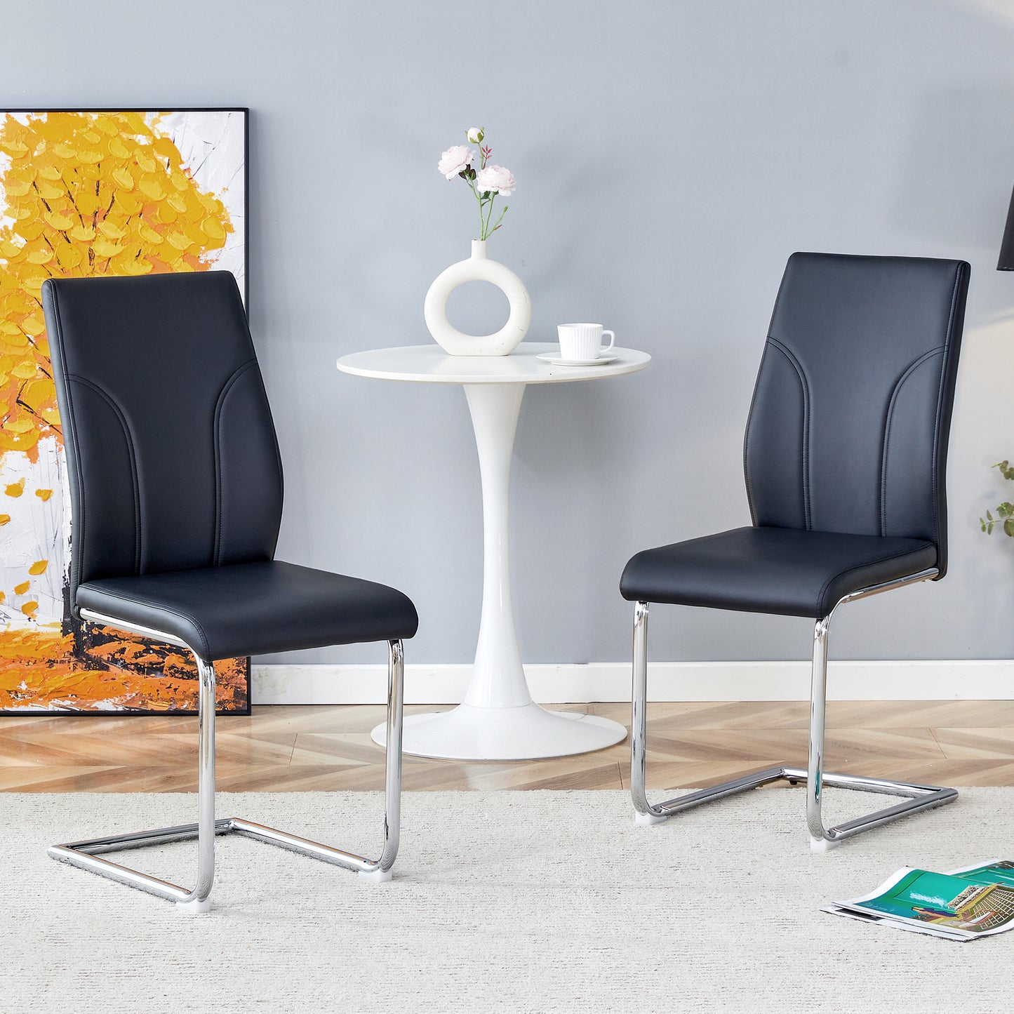 2 Dining Chair Set, Black Dining Chair Set, PU Material High Back Seat And Sturdy Leg Chair, Suitable For Dining Room, Kitchen, Living Room