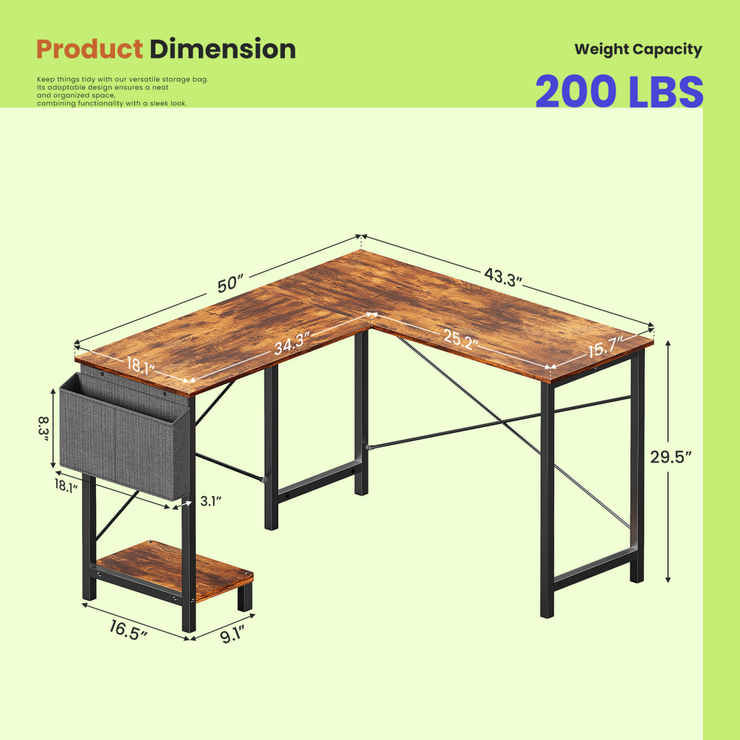 49-Inch L Shaped Desk - Computer Desk Corner Desks Gaming Desk PC Table, With CPU Stand Side Bag For Home Office Dorm Sturdy Writing Workstation