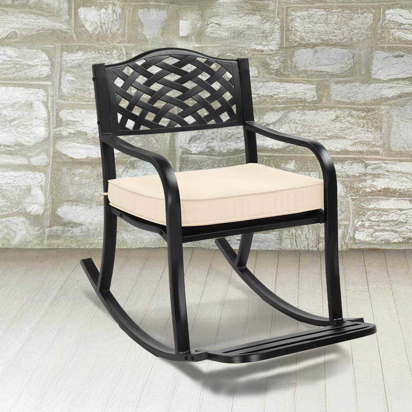 Metal Rocking Chair, Outdoor Rocking Bench With Cushion, Patio Rocker With Footrest, Weatherproof Rocking Chair For Outside, Patio, Garden, Hole Backrest