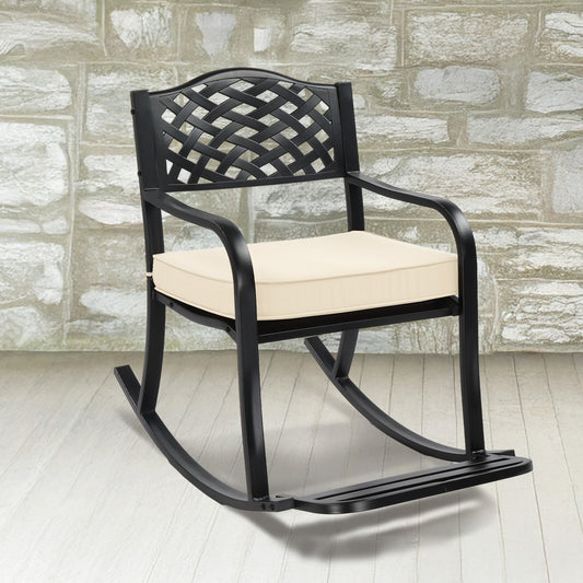 Metal Rocking Chair, Outdoor Rocking Bench With Cushion, Patio Rocker With Footrest, Weatherproof Rocking Chair For Outside, Patio, Garden, Hole Backrest