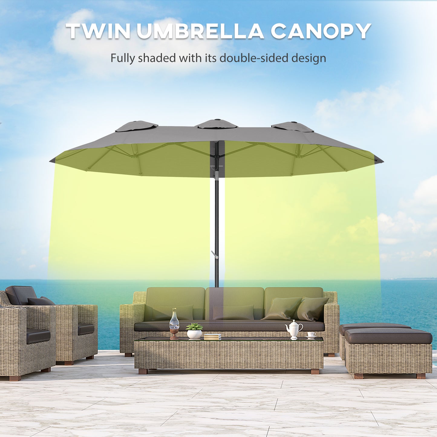 Double Sided Patio Umbrella, 9.7' Large Outdoor Market Umbrella With Push Button Tilt And Crank, 3 Air Vents And 12 Ribs, For Garden, Deck, Pool, Gray