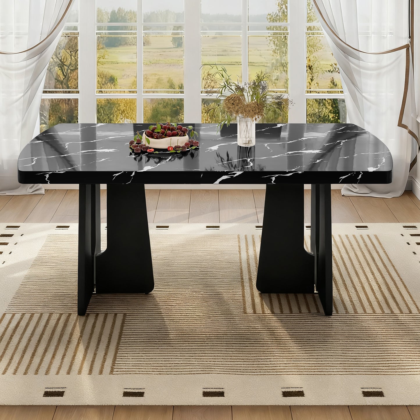 63  Modern Faux Marble Dining Table - Black White Marble Top With Sturdy Geometric Legs, Stylish Kitchen & Dining Room Table For Home, Apartment, Office, Easy To Assemble, Black