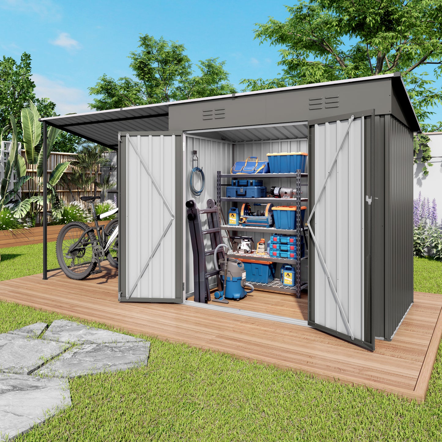 12x4ft Metal Lean To Shed With Open-Sided Pergola , 4'x6' Outdoor Storage Shed & 6'x4' Attached Hardtop Gazebo Combo, 2-in-1 Sheds & Outdoor Storage Tool Shed For Patio, Backyard,Garden