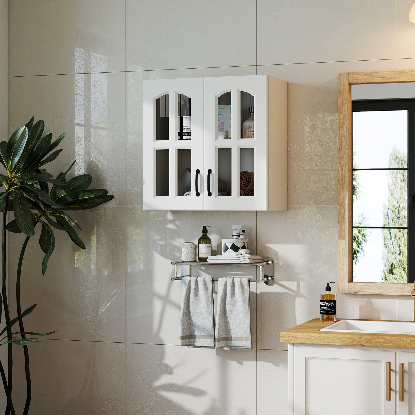 Wall Cabinet, Glass Door Display Wall Mounted Cabinet, Floating Cabinet With Inadjustable Shelves For Kitchen,Bathroom,Living Room