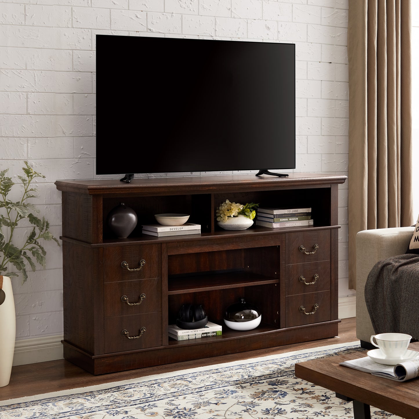Retro TV Stand With Storage For TVs Up To 65  , Mid Century Modern TV Stand & Entertainment Center With Shelf,TV Stand For Media,TV Console Table For Living Room Espresso 60 Wx15.75 Dx34.25 H
