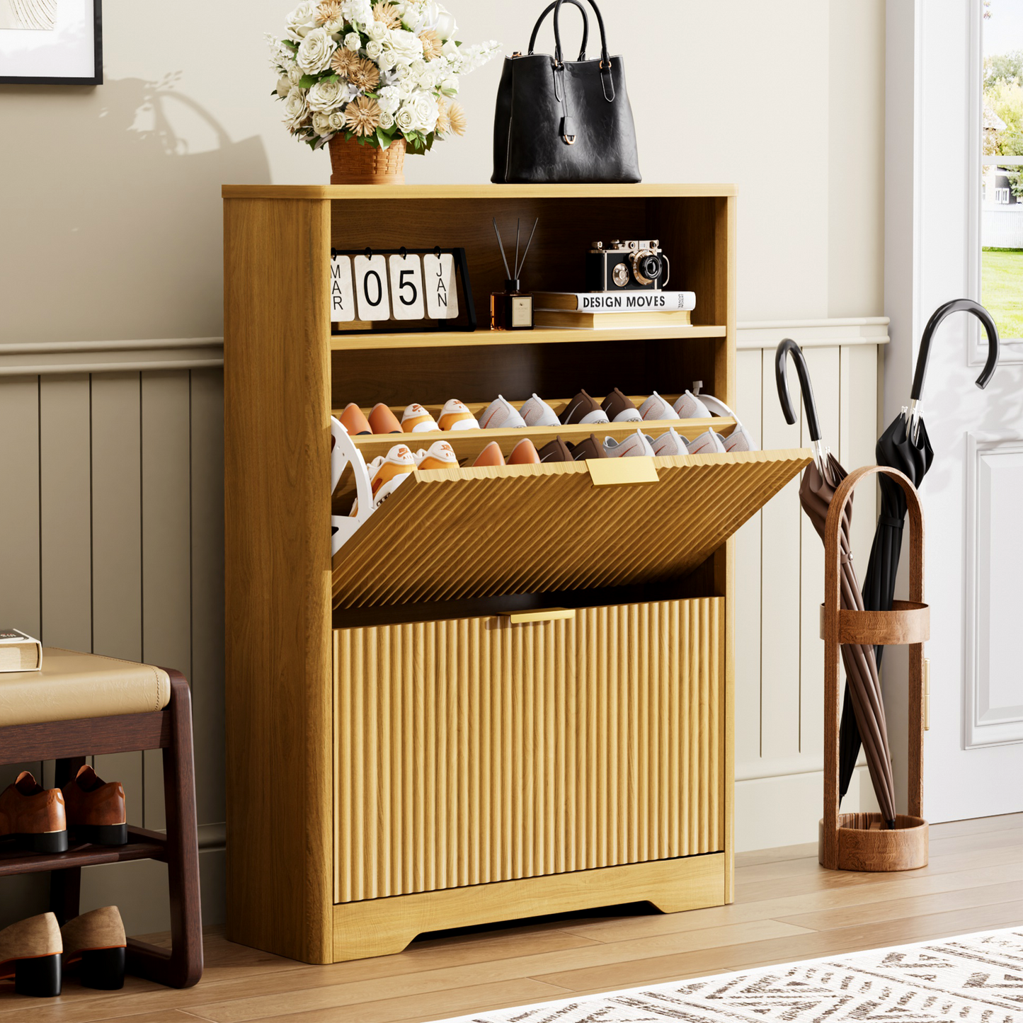 Shoe Cabinet Storage For Entryway Hidden Shoes Storage Cabinet With 2 Flip Drawers, Tall Free Standing Shoe Organizer Rack For Foyer, Hallway. Natural,31.6  L X 9.6  W X 40  H.