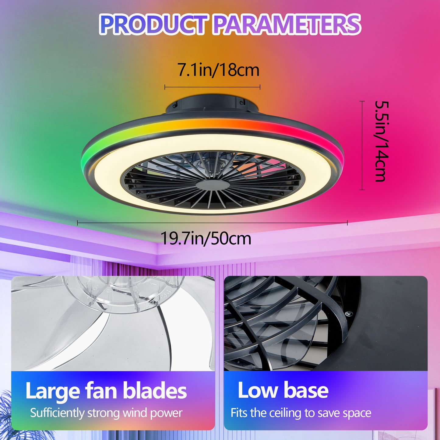 Modern LED Ceiling Light With Fan, RGB Ceiling Fan Lights, Infinitely Dimmable Light ForLiving Room, Bedroom, Office, 3000-4500-6000 K  Black & 20 & RGB