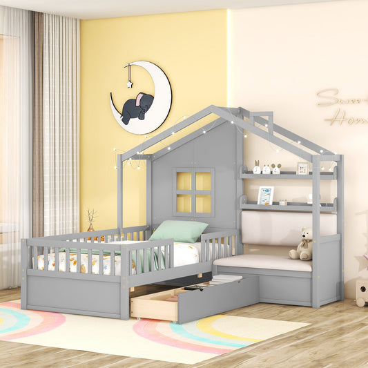 Twin Size House Bed With Sofa, Kids Platform Bed With Two Drawers And Storage Shelf, Gray Old