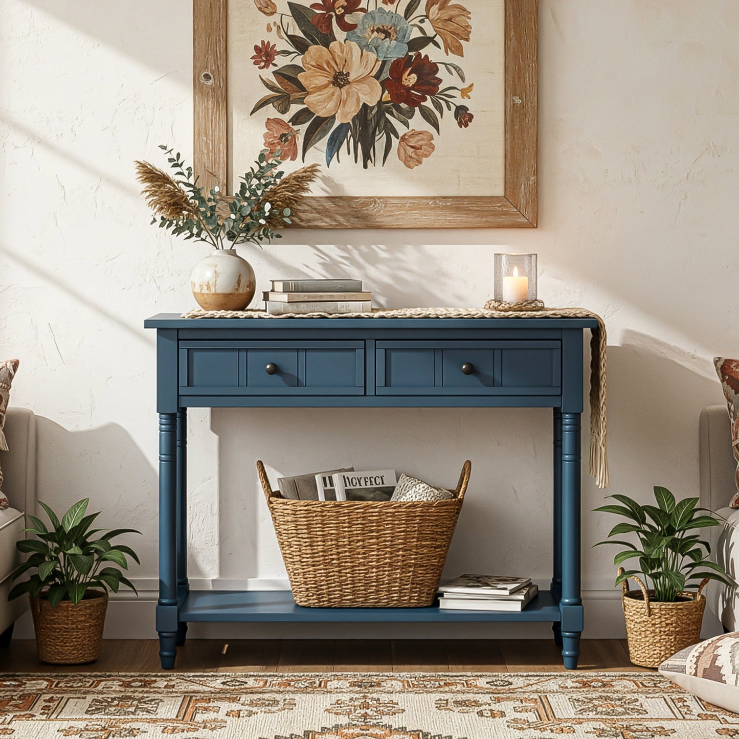 TREXM Daisy Series Console Table Traditional Design With Two Drawers And Bottom Shelf  Dark Navy
