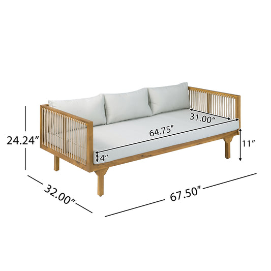 Outdoor Patio Sofa With Light Gray Cushion & Light Brown Rope, Acacia Wood Teak Finish, Water Resistant Fabric, 600 Lbs Capacity, For Garden, Deck, Or Backyard