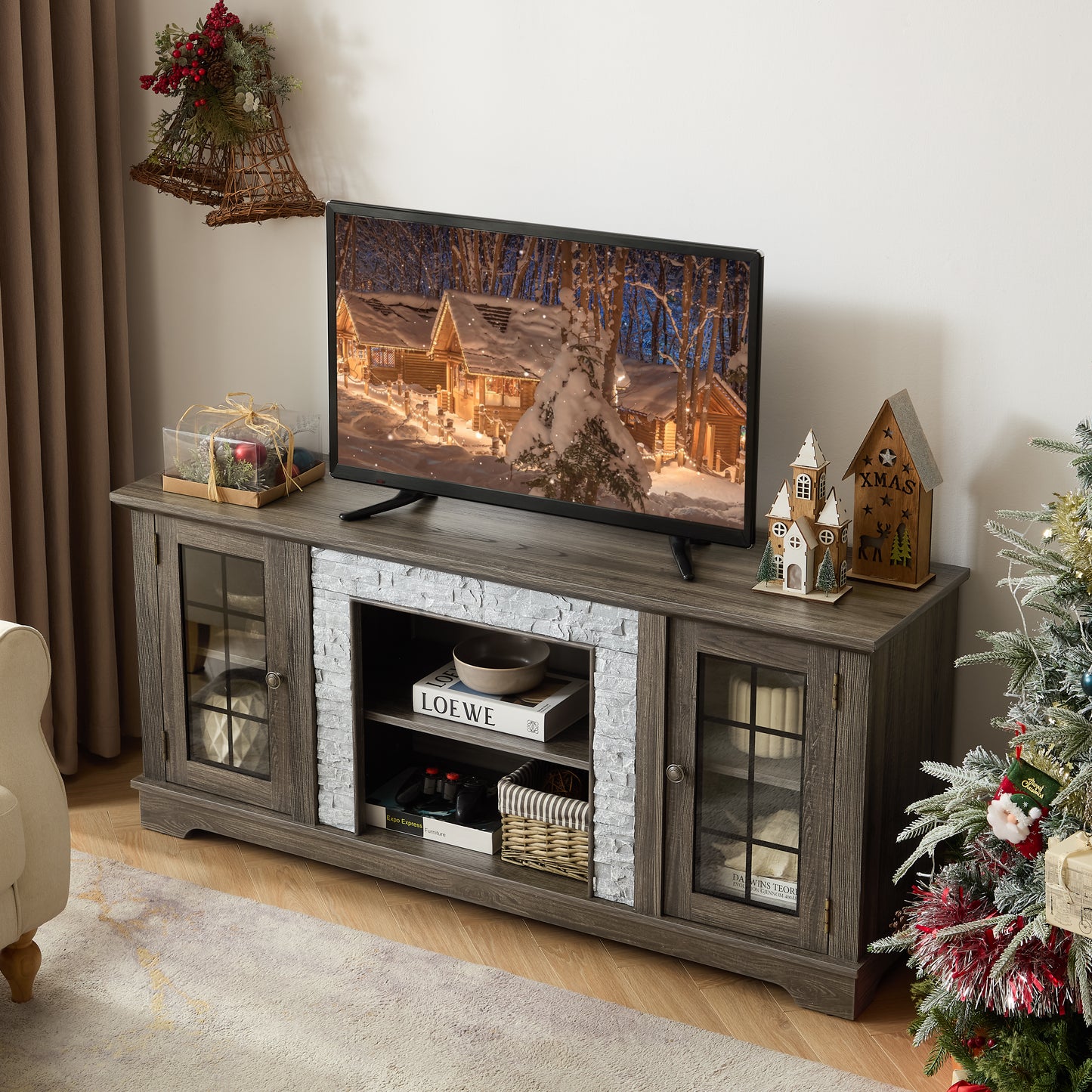 58  Modern TV Stand With 2-Door Storage, Faux Stone Media Console Cabinet, Grey Large Entertainment Center For Living Room