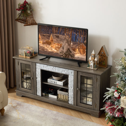 58  Modern TV Stand With 2-Door Storage, Faux Stone Media Console Cabinet, Grey Large Entertainment Center For Living Room
