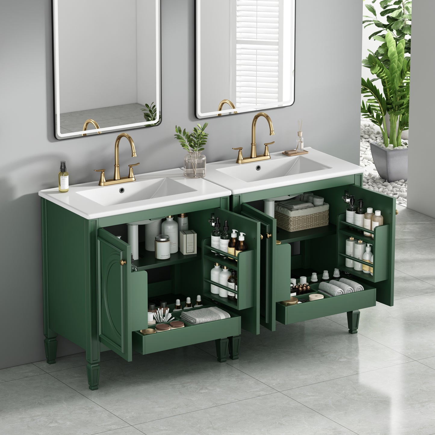 Video  60  Bathroom Vanity With Double Sink Combo Set, Ceramic Sink, Soft Close Doors With Shelf, Storage Drawer, Green