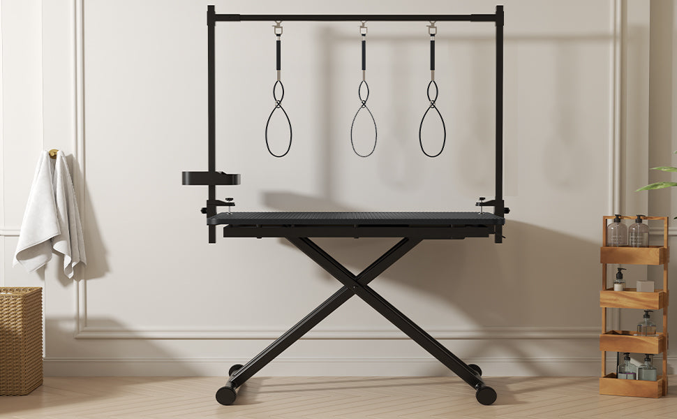 47  Black Large Dog Grooming Table X-Lift Foldable Grooming Table For Dogs At Home Adjustable Height Arms Pet Station With Nooses, Tool Organizer