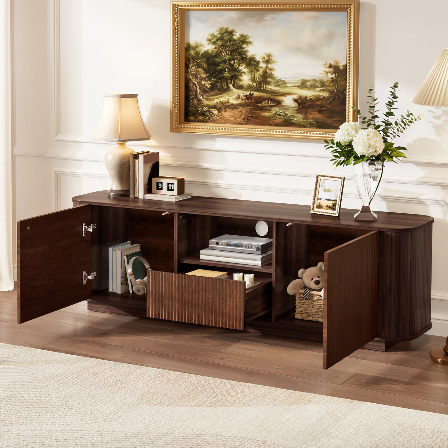 70-inch Modern TV Stand For TVs Up To 80 Inches For Living Room, Media Entertainment Center With Ample Storage & Cured Corners