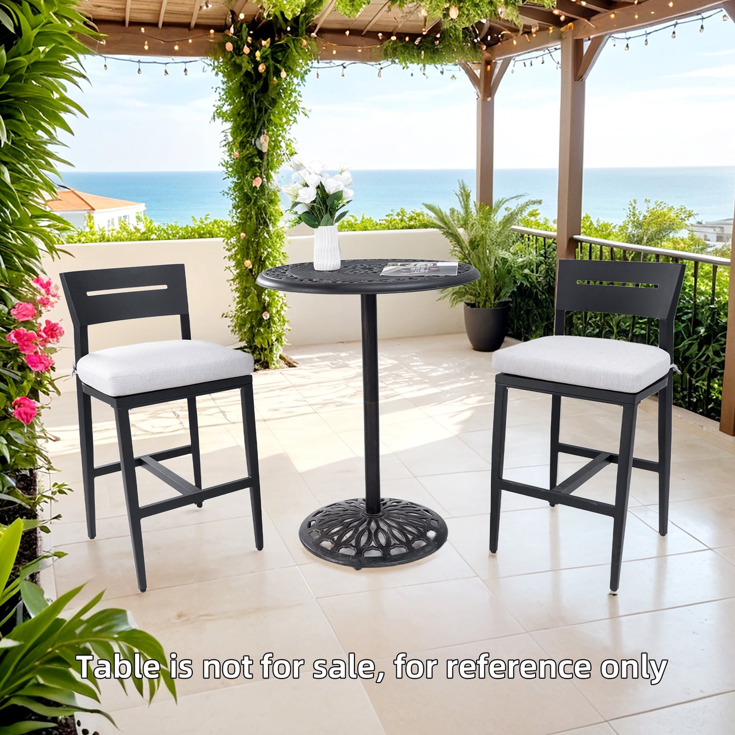 Modern Outdoor 2PC Bar Stools, Aluminum Patio Bar Chair With Ergonomic Backrest, Tapered Legs, Footrest, Ember Black, Sunbrella Cushion, Weather-Resistant, For Garden, Poolside, And Kitchen Island