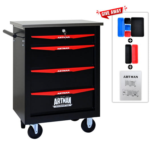 4 Drawers Multifunctional Tool Cart With Wheels,Metal Rolling Tool Cart Storage For Garage Workshop Warehouse Repair Shop--With  Stainless Steel Roof- BLACK&RED